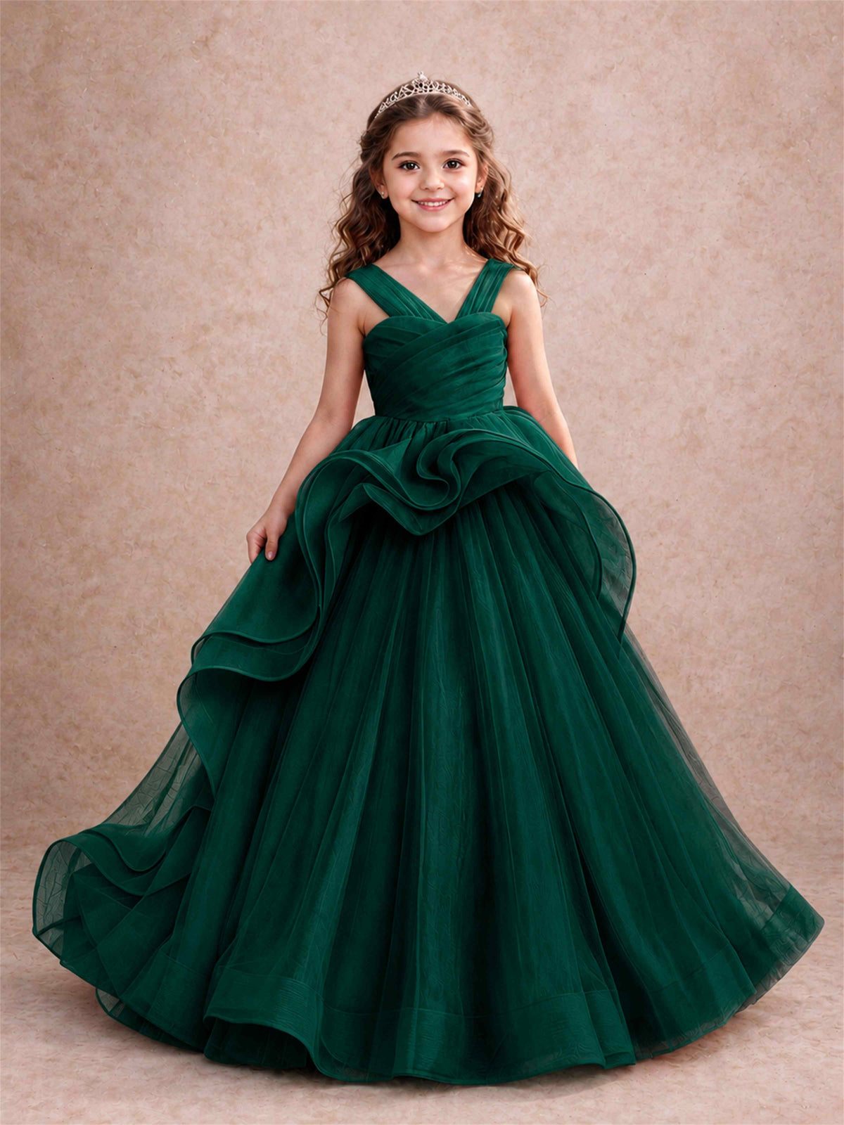 V Neck Girls Pageant Dress Ruffled Puffy Tulle Flower Girl Gown for Wedding Birthday Party