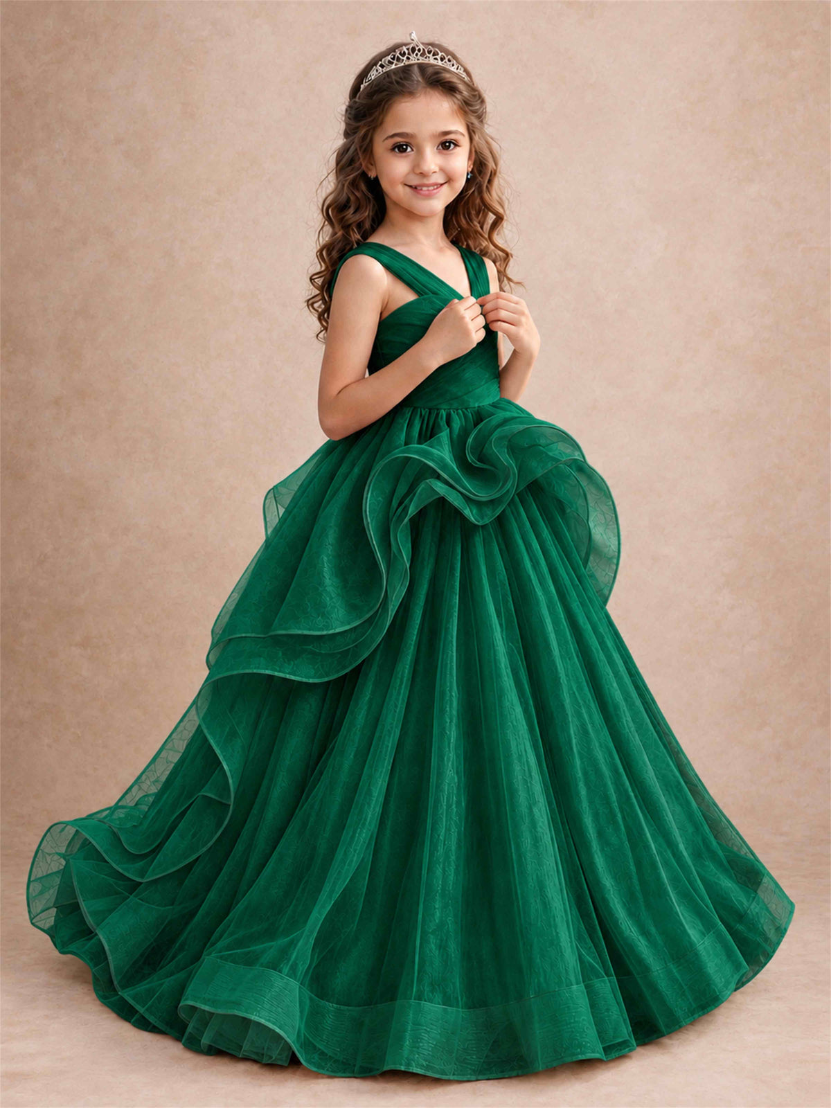 V Neck Girls Pageant Dress Ruffled Puffy Tulle Flower Girl Gown for Wedding Birthday Party
