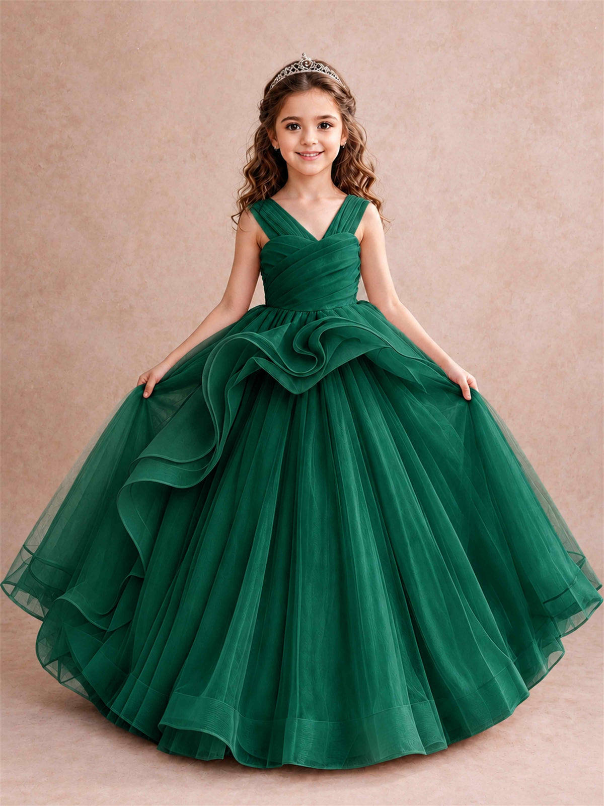 V Neck Girls Pageant Dress Ruffled Puffy Tulle Flower Girl Gown for Wedding Birthday Party
