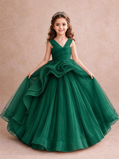 V Neck Girls Pageant Dress Ruffled Puffy Tulle Flower Girl Gown for Wedding Birthday Party