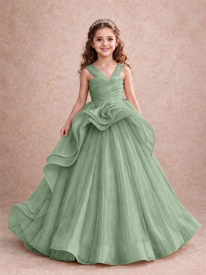 V Neck Girls Pageant Dress Ruffled Puffy Tulle Flower Girl Gown for Wedding Birthday Party