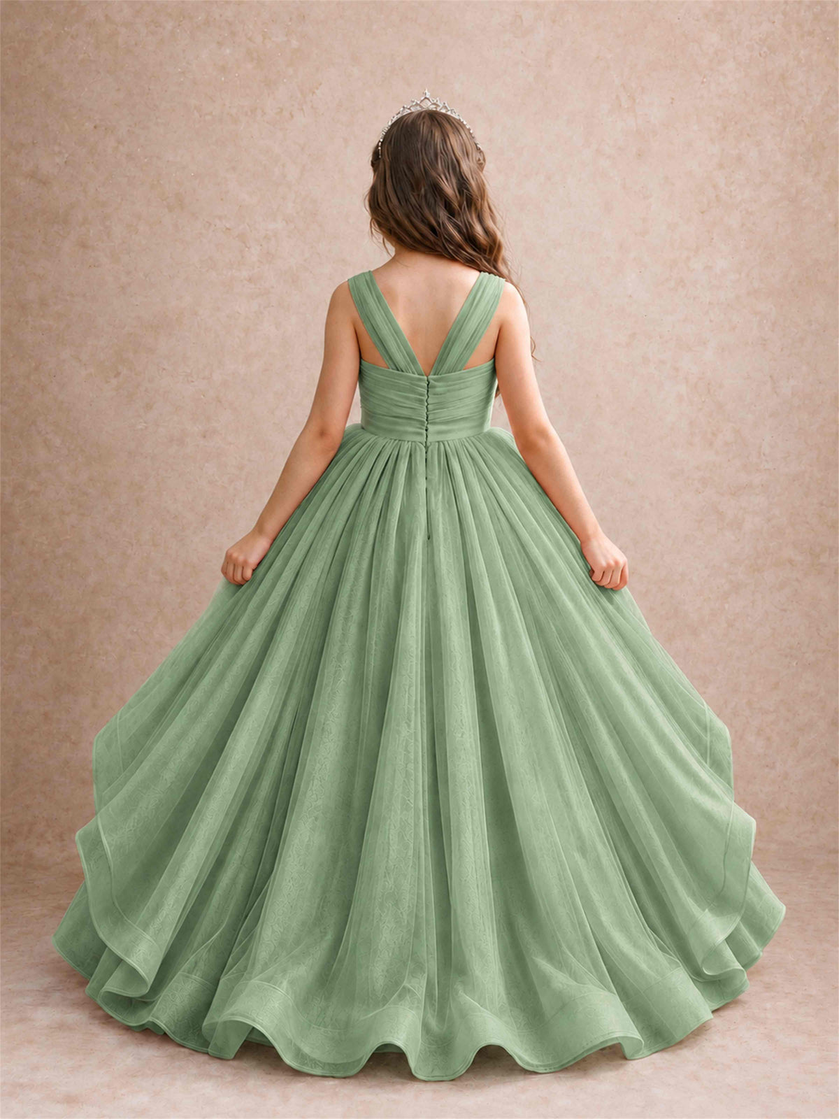 V Neck Girls Pageant Dress Ruffled Puffy Tulle Flower Girl Gown for Wedding Birthday Party