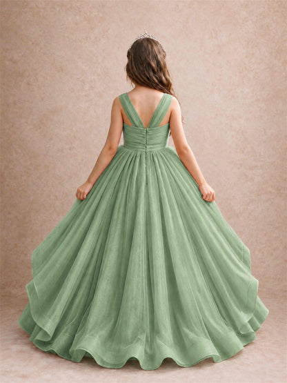 V Neck Girls Pageant Dress Ruffled Puffy Tulle Flower Girl Gown for Wedding Birthday Party
