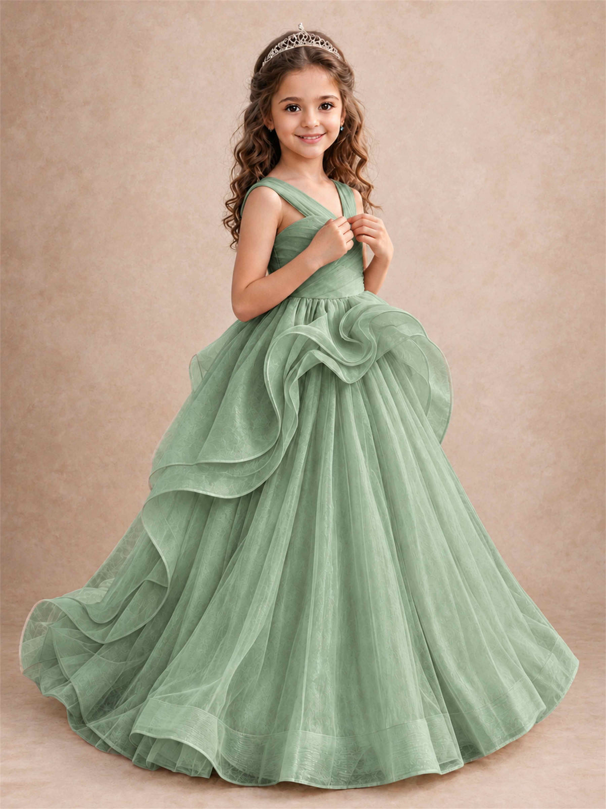 V Neck Girls Pageant Dress Ruffled Puffy Tulle Flower Girl Gown for Wedding Birthday Party