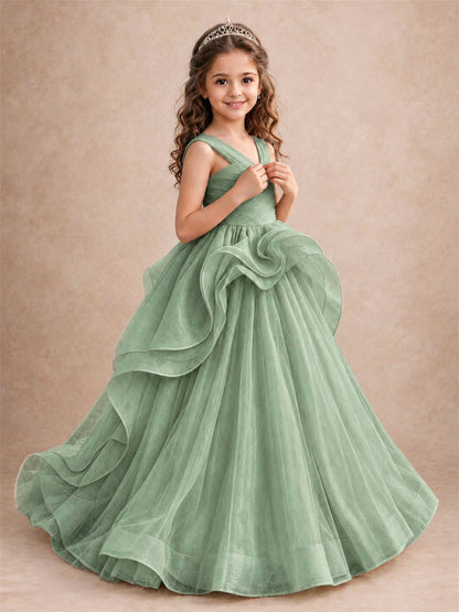 V Neck Girls Pageant Dress Ruffled Puffy Tulle Flower Girl Gown for Wedding Birthday Party