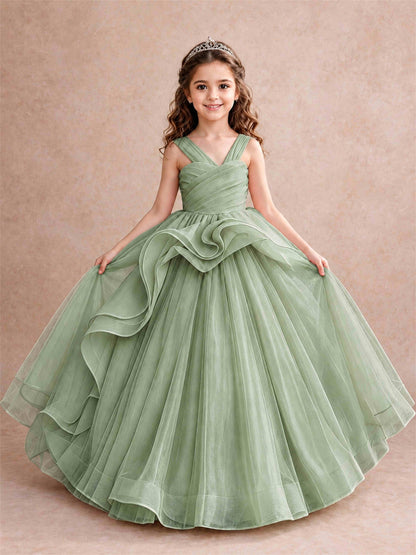 V Neck Girls Pageant Dress Ruffled Puffy Tulle Flower Girl Gown for Wedding Birthday Party