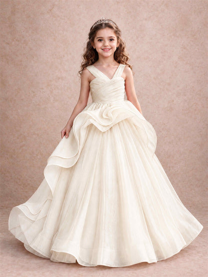 V Neck Girls Pageant Dress Ruffled Puffy Tulle Flower Girl Gown for Wedding Birthday Party