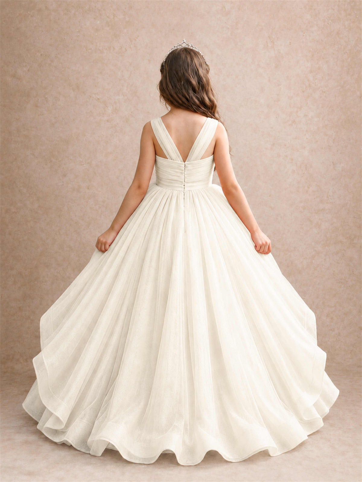 V Neck Girls Pageant Dress Ruffled Puffy Tulle Flower Girl Gown for Wedding Birthday Party
