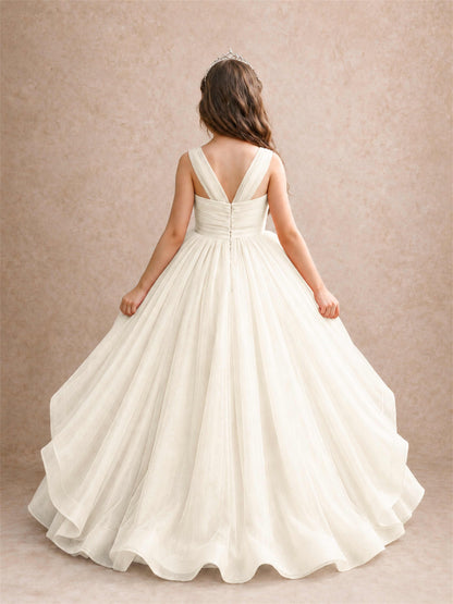 V Neck Girls Pageant Dress Ruffled Puffy Tulle Flower Girl Gown for Wedding Birthday Party