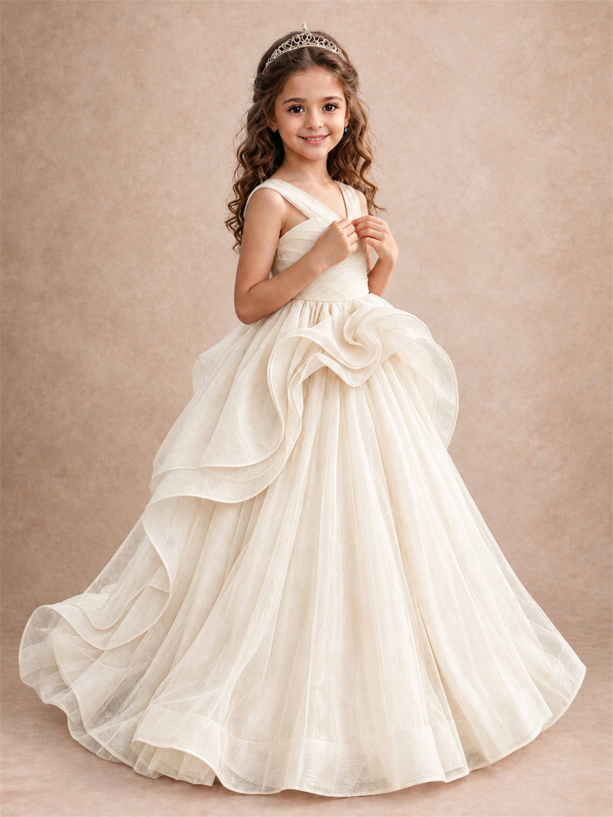 V Neck Girls Pageant Dress Ruffled Puffy Tulle Flower Girl Gown for Wedding Birthday Party