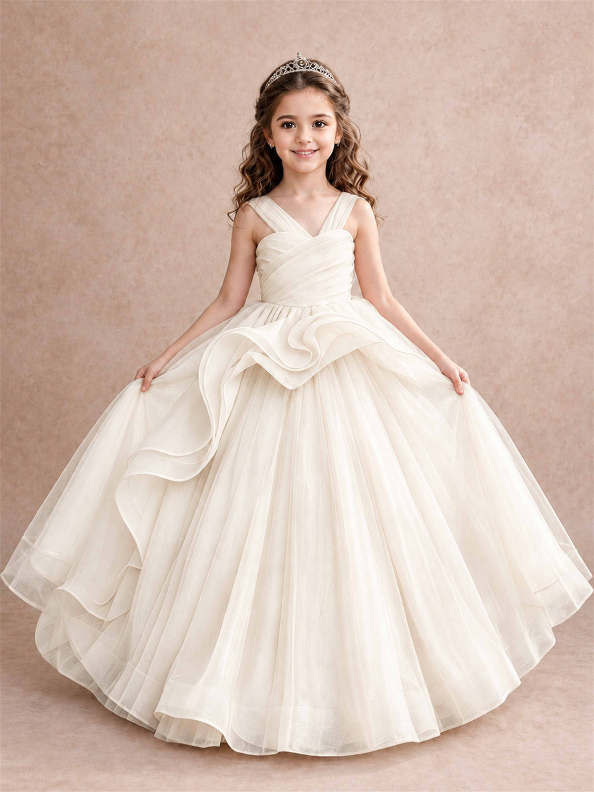 V Neck Girls Pageant Dress Ruffled Puffy Tulle Flower Girl Gown for Wedding Birthday Party