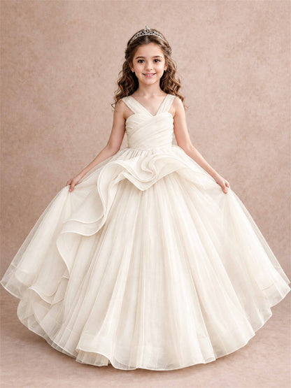 V Neck Girls Pageant Dress Ruffled Puffy Tulle Flower Girl Gown for Wedding Birthday Party