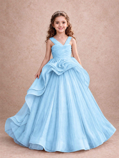 V Neck Girls Pageant Dress Ruffled Puffy Tulle Flower Girl Gown for Wedding Birthday Party