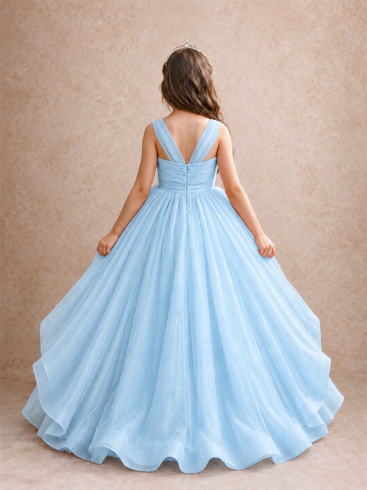 V Neck Girls Pageant Dress Ruffled Puffy Tulle Flower Girl Gown for Wedding Birthday Party