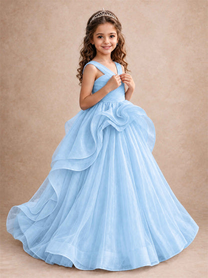 V Neck Girls Pageant Dress Ruffled Puffy Tulle Flower Girl Gown for Wedding Birthday Party