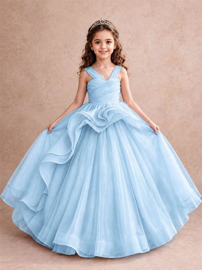 V Neck Girls Pageant Dress Ruffled Puffy Tulle Flower Girl Gown for Wedding Birthday Party