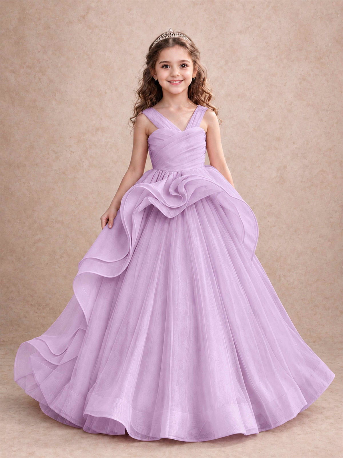 V Neck Girls Pageant Dress Ruffled Puffy Tulle Flower Girl Gown for Wedding Birthday Party