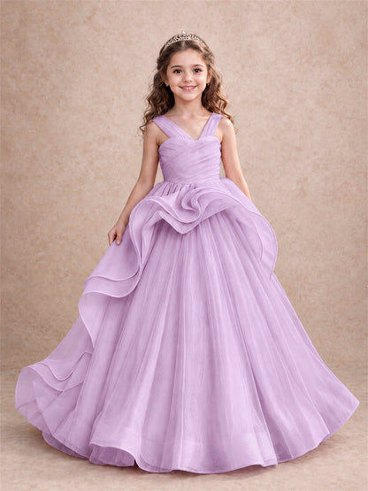 V Neck Girls Pageant Dress Ruffled Puffy Tulle Flower Girl Gown for Wedding Birthday Party