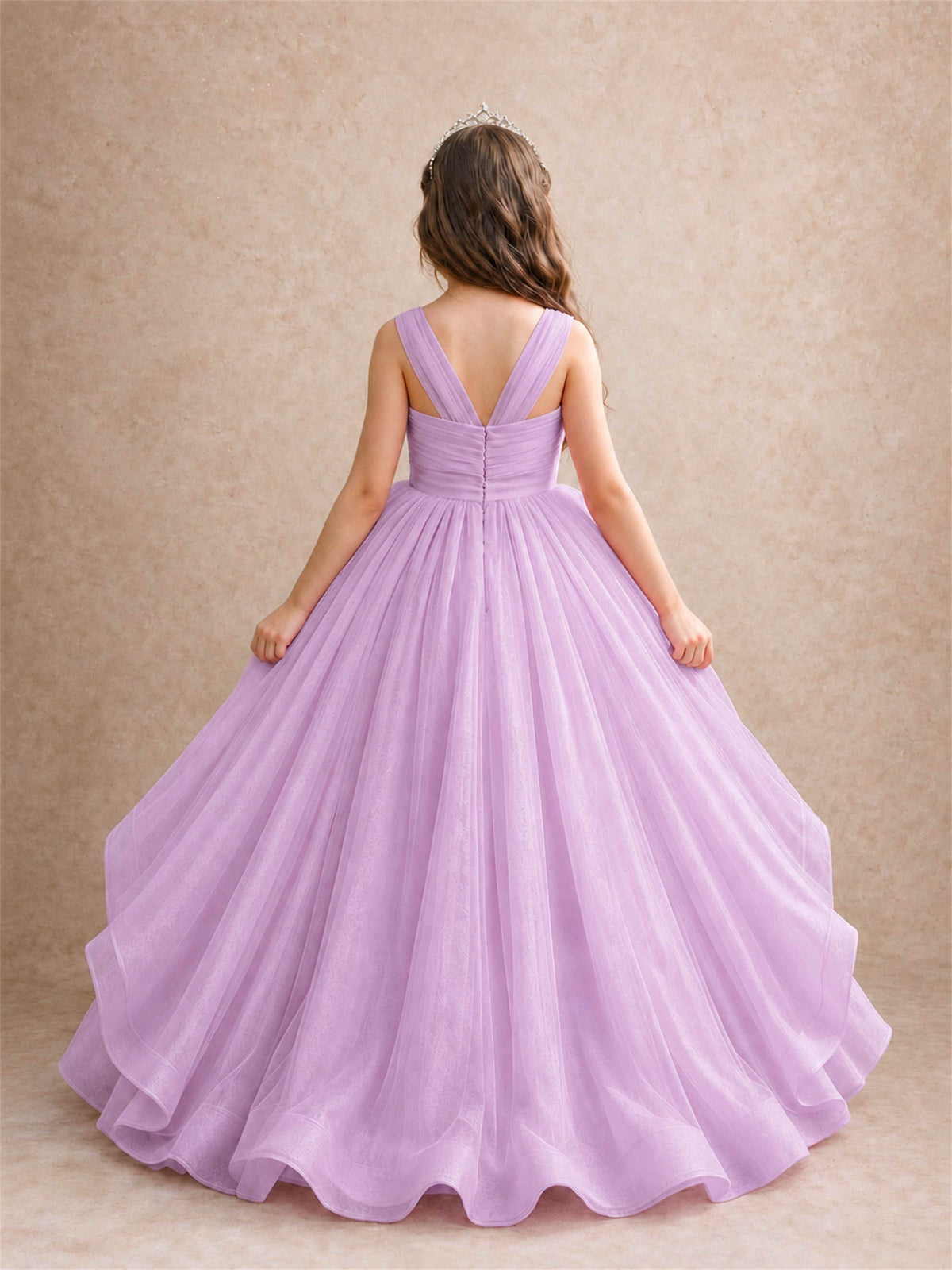 V Neck Girls Pageant Dress Ruffled Puffy Tulle Flower Girl Gown for Wedding Birthday Party