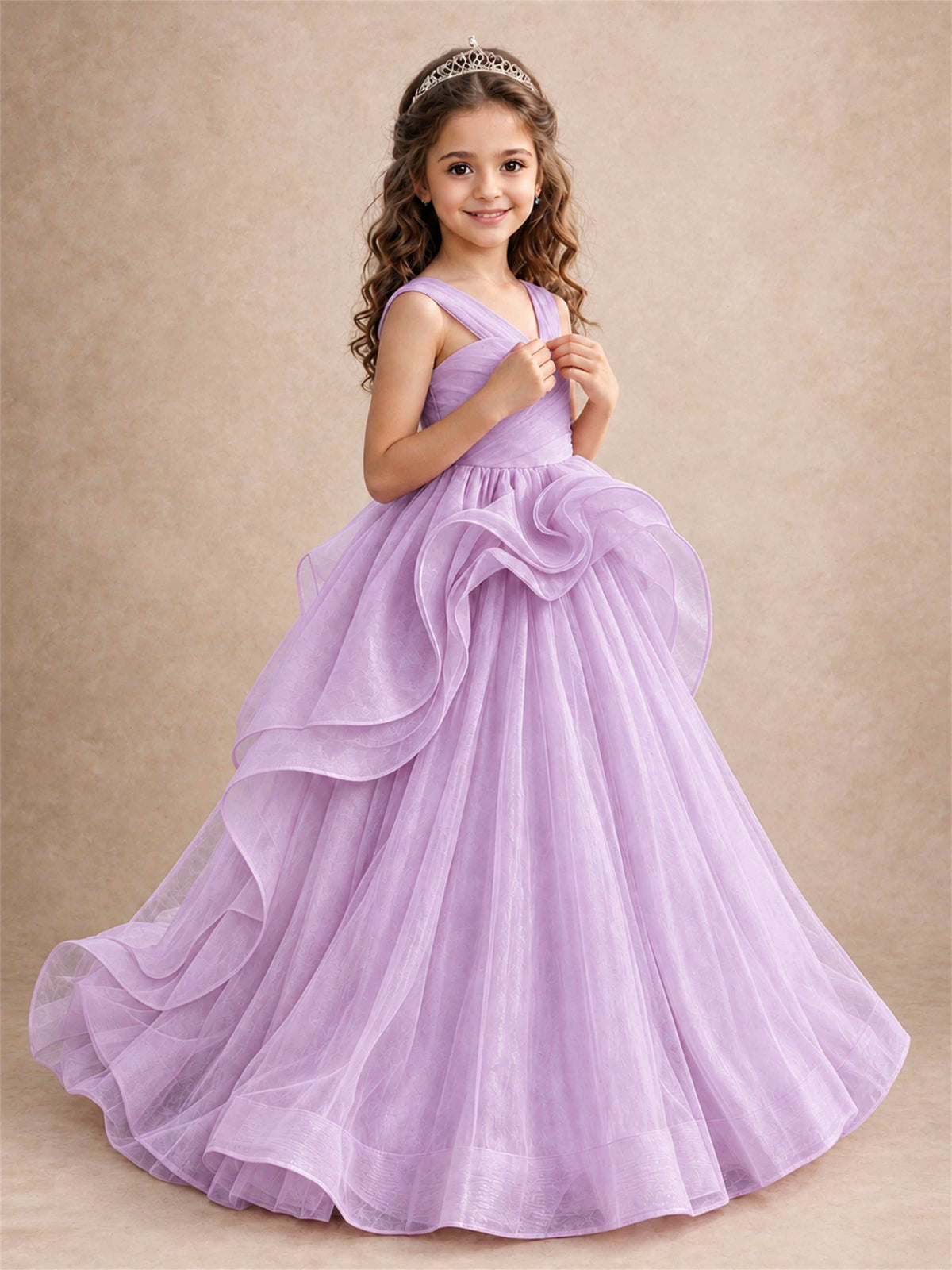 V Neck Girls Pageant Dress Ruffled Puffy Tulle Flower Girl Gown for Wedding Birthday Party
