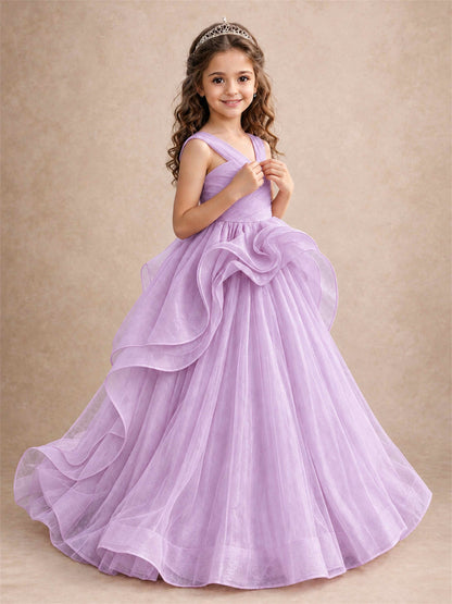 V Neck Girls Pageant Dress Ruffled Puffy Tulle Flower Girl Gown for Wedding Birthday Party