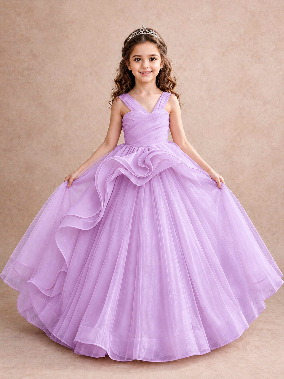 V Neck Girls Pageant Dress Ruffled Puffy Tulle Flower Girl Gown for Wedding Birthday Party