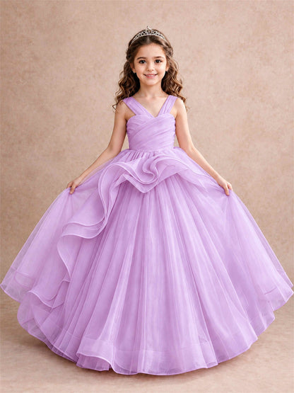 V Neck Girls Pageant Dress Ruffled Puffy Tulle Flower Girl Gown for Wedding Birthday Party
