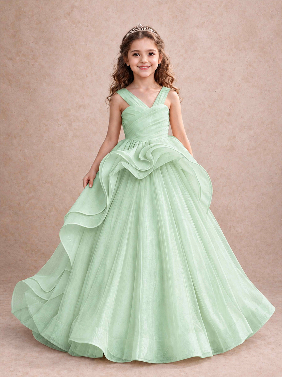 V Neck Girls Pageant Dress Ruffled Puffy Tulle Flower Girl Gown for Wedding Birthday Party