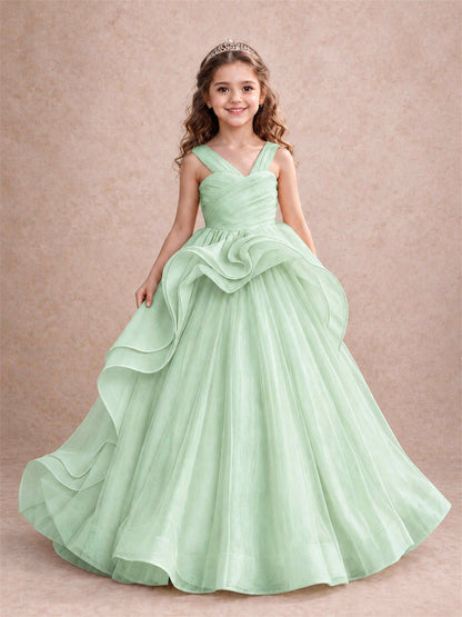 V Neck Girls Pageant Dress Ruffled Puffy Tulle Flower Girl Gown for Wedding Birthday Party