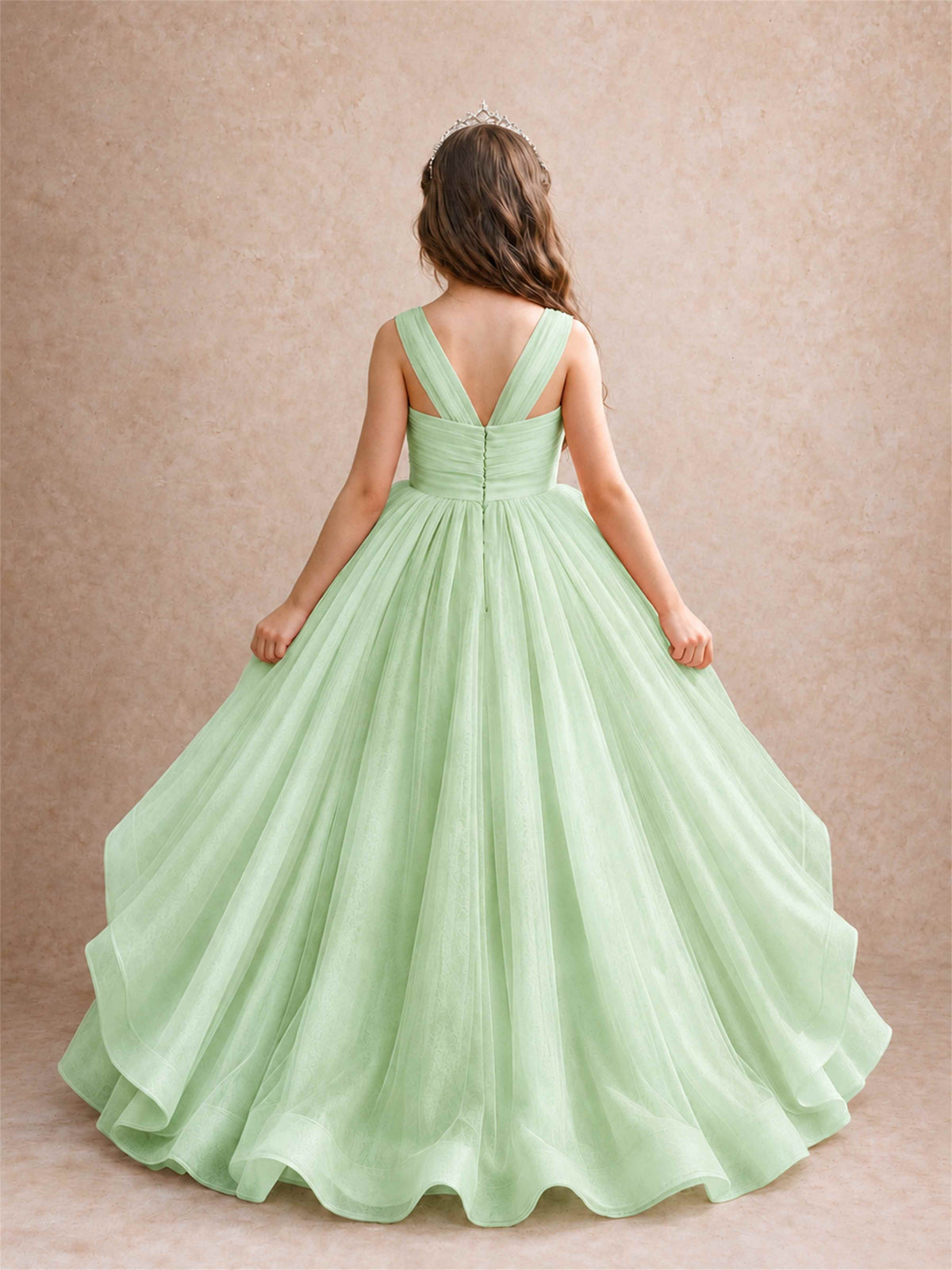 V Neck Girls Pageant Dress Ruffled Puffy Tulle Flower Girl Gown for Wedding Birthday Party