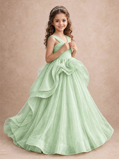 V Neck Girls Pageant Dress Ruffled Puffy Tulle Flower Girl Gown for Wedding Birthday Party