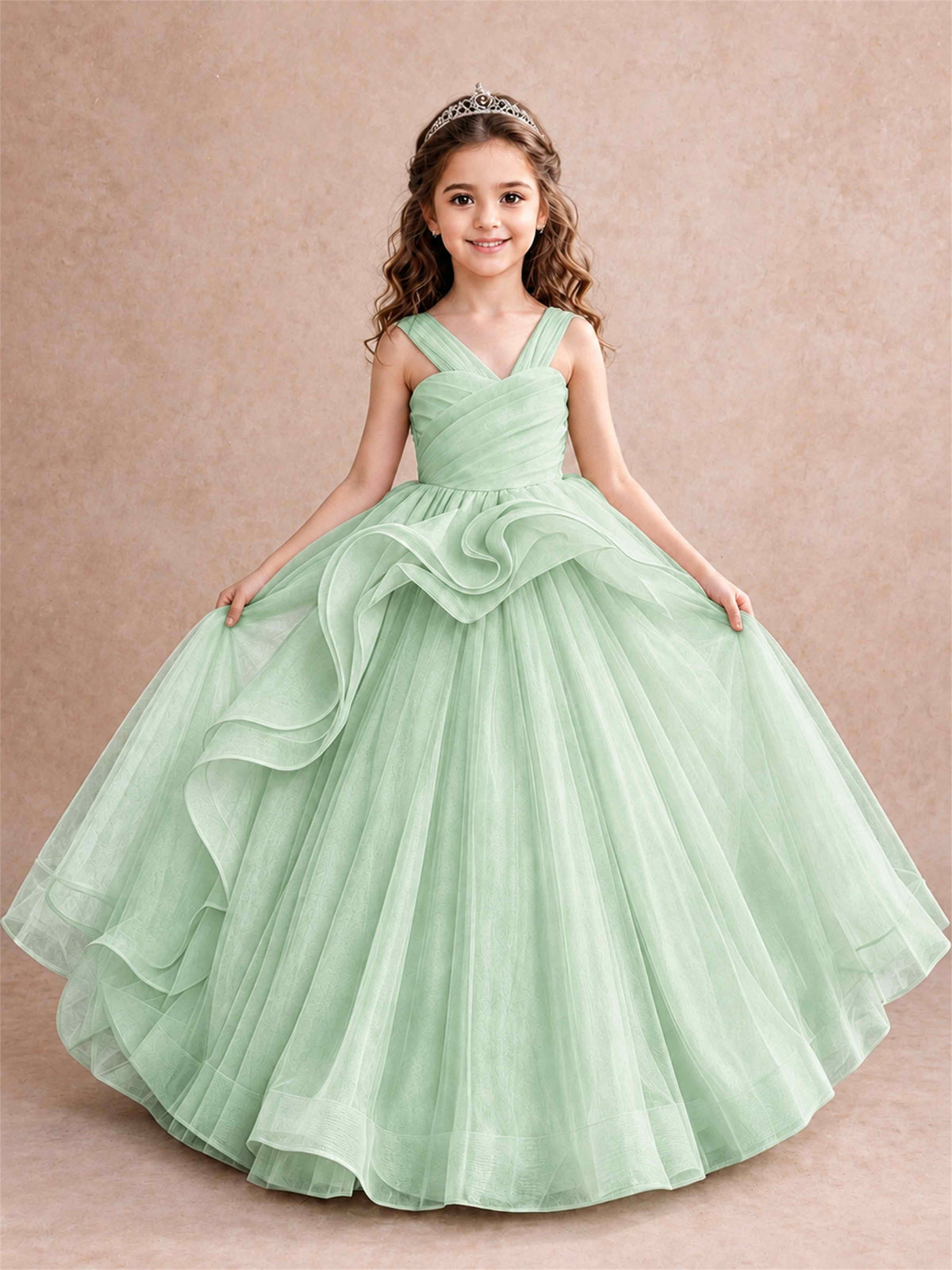 V Neck Girls Pageant Dress Ruffled Puffy Tulle Flower Girl Gown for Wedding Birthday Party