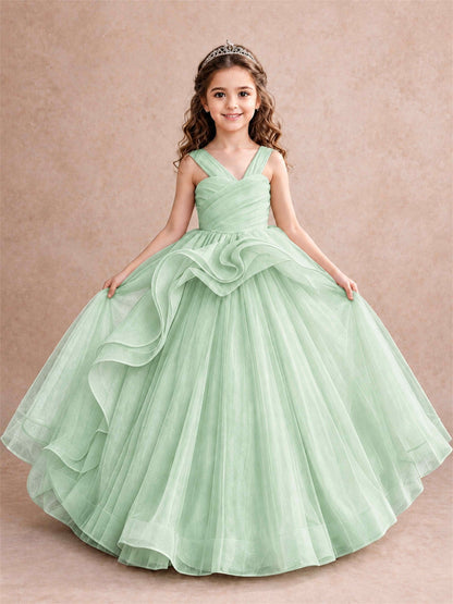 V Neck Girls Pageant Dress Ruffled Puffy Tulle Flower Girl Gown for Wedding Birthday Party