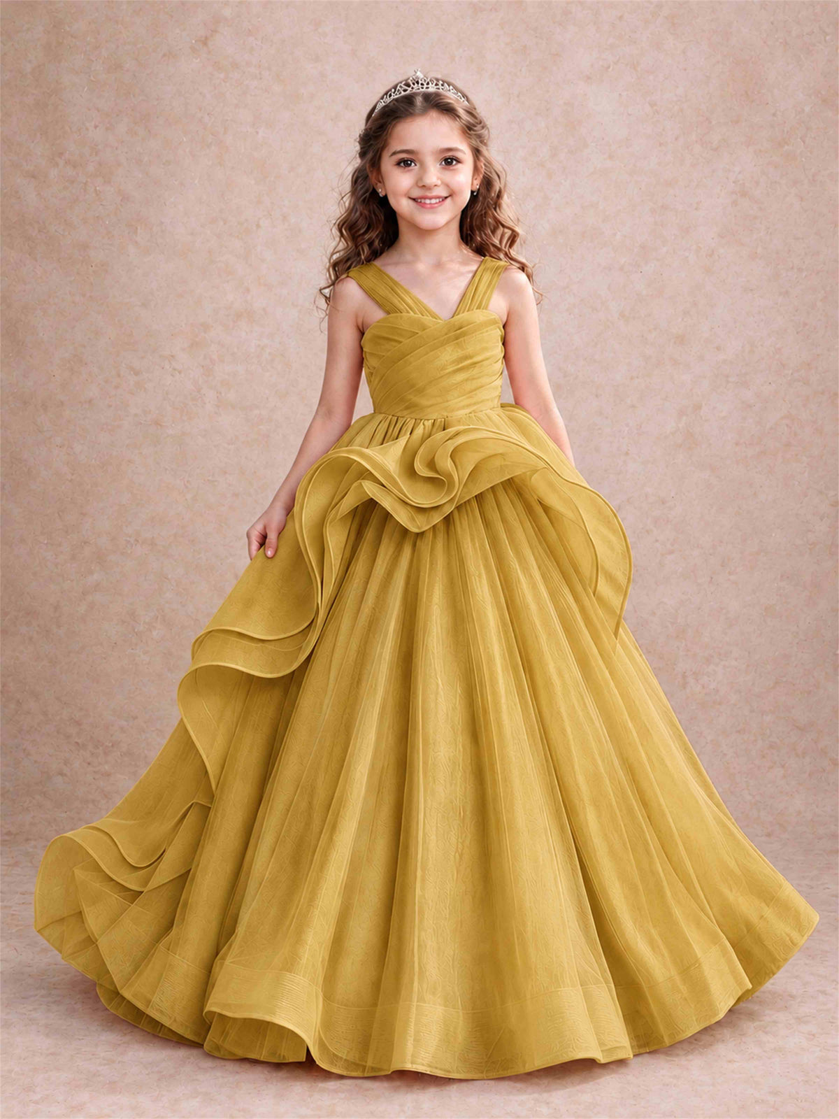 V Neck Girls Pageant Dress Ruffled Puffy Tulle Flower Girl Gown for Wedding Birthday Party