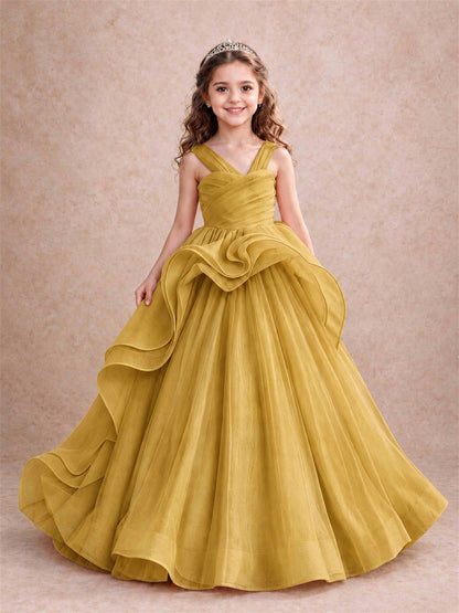 V Neck Girls Pageant Dress Ruffled Puffy Tulle Flower Girl Gown for Wedding Birthday Party