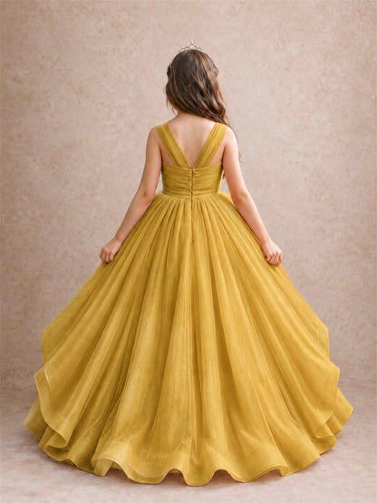 V Neck Girls Pageant Dress Ruffled Puffy Tulle Flower Girl Gown for Wedding Birthday Party