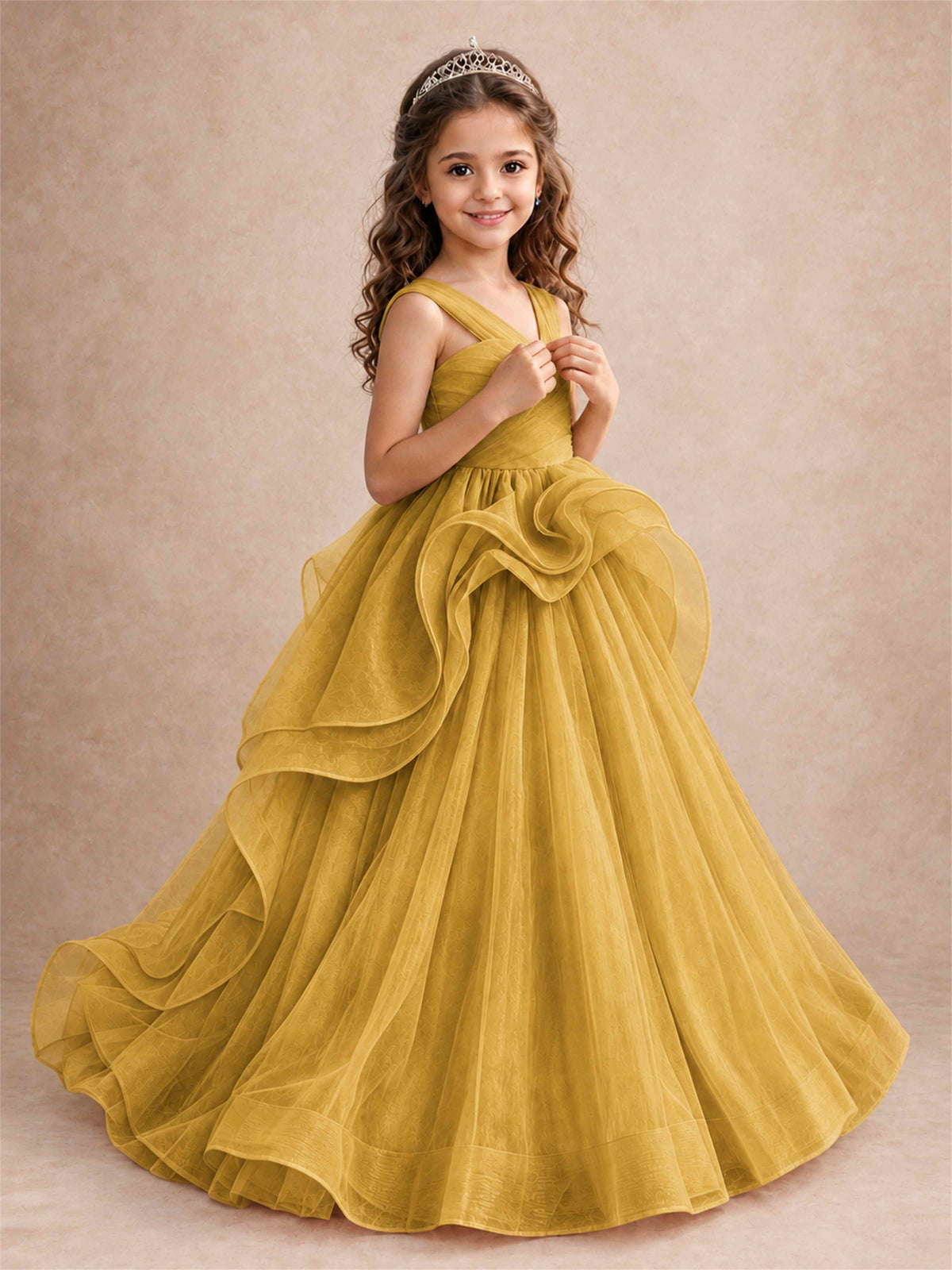 V Neck Girls Pageant Dress Ruffled Puffy Tulle Flower Girl Gown for Wedding Birthday Party
