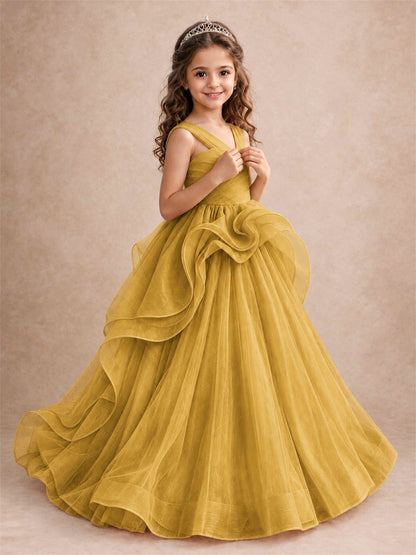 V Neck Girls Pageant Dress Ruffled Puffy Tulle Flower Girl Gown for Wedding Birthday Party