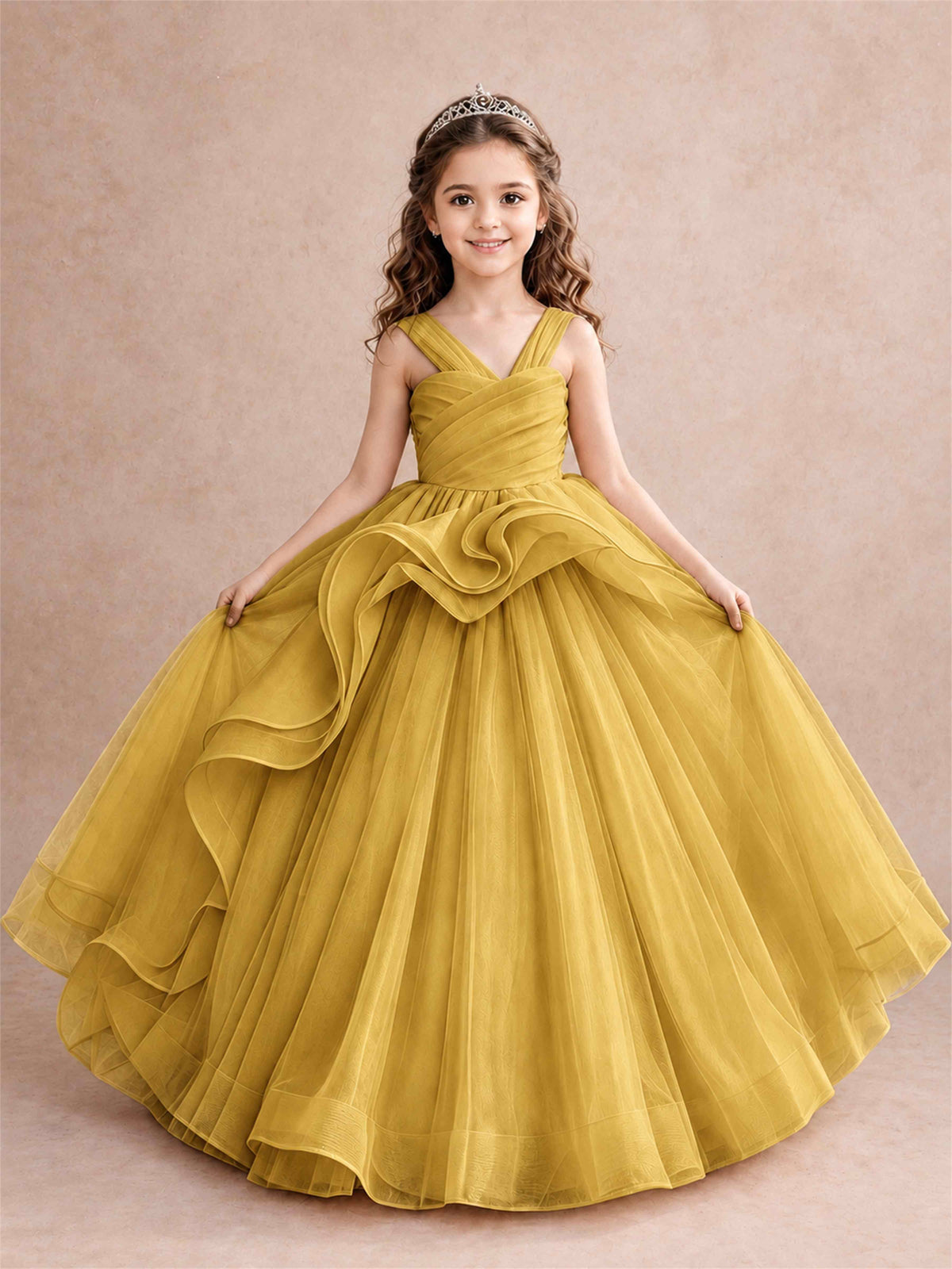V Neck Girls Pageant Dress Ruffled Puffy Tulle Flower Girl Gown for Wedding Birthday Party