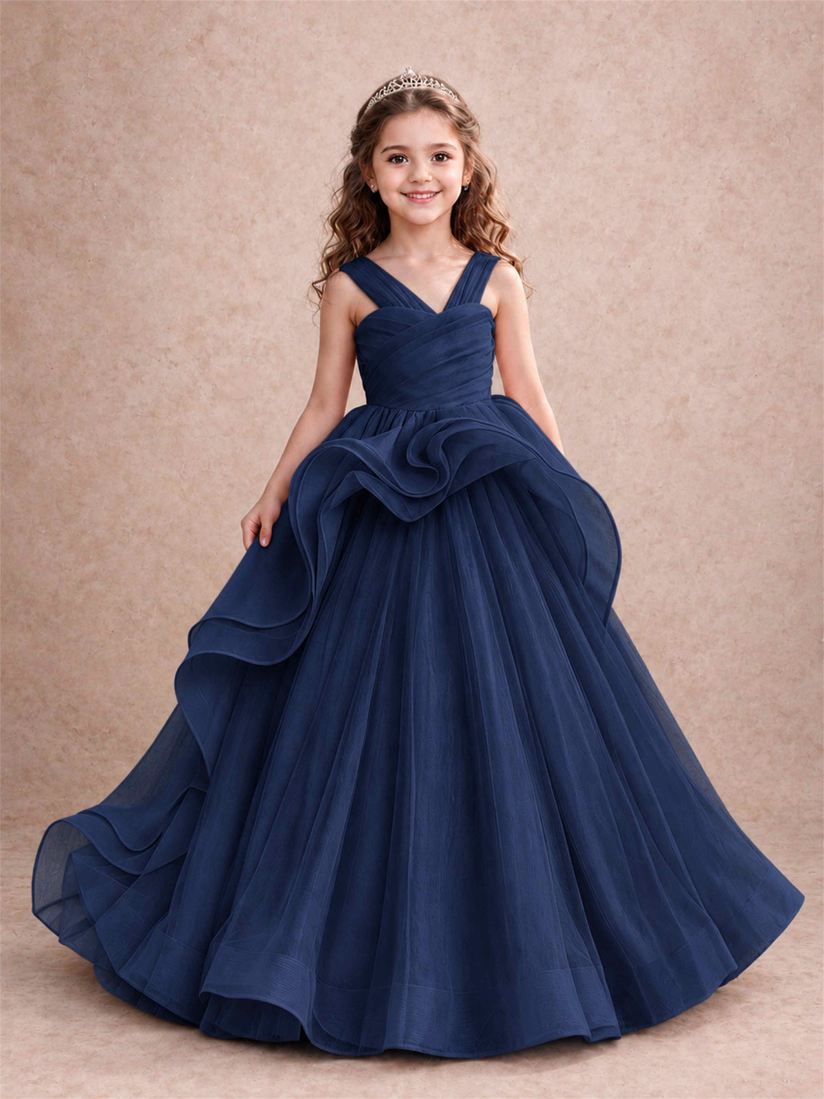 V Neck Girls Pageant Dress Ruffled Puffy Tulle Flower Girl Gown for Wedding Birthday Party
