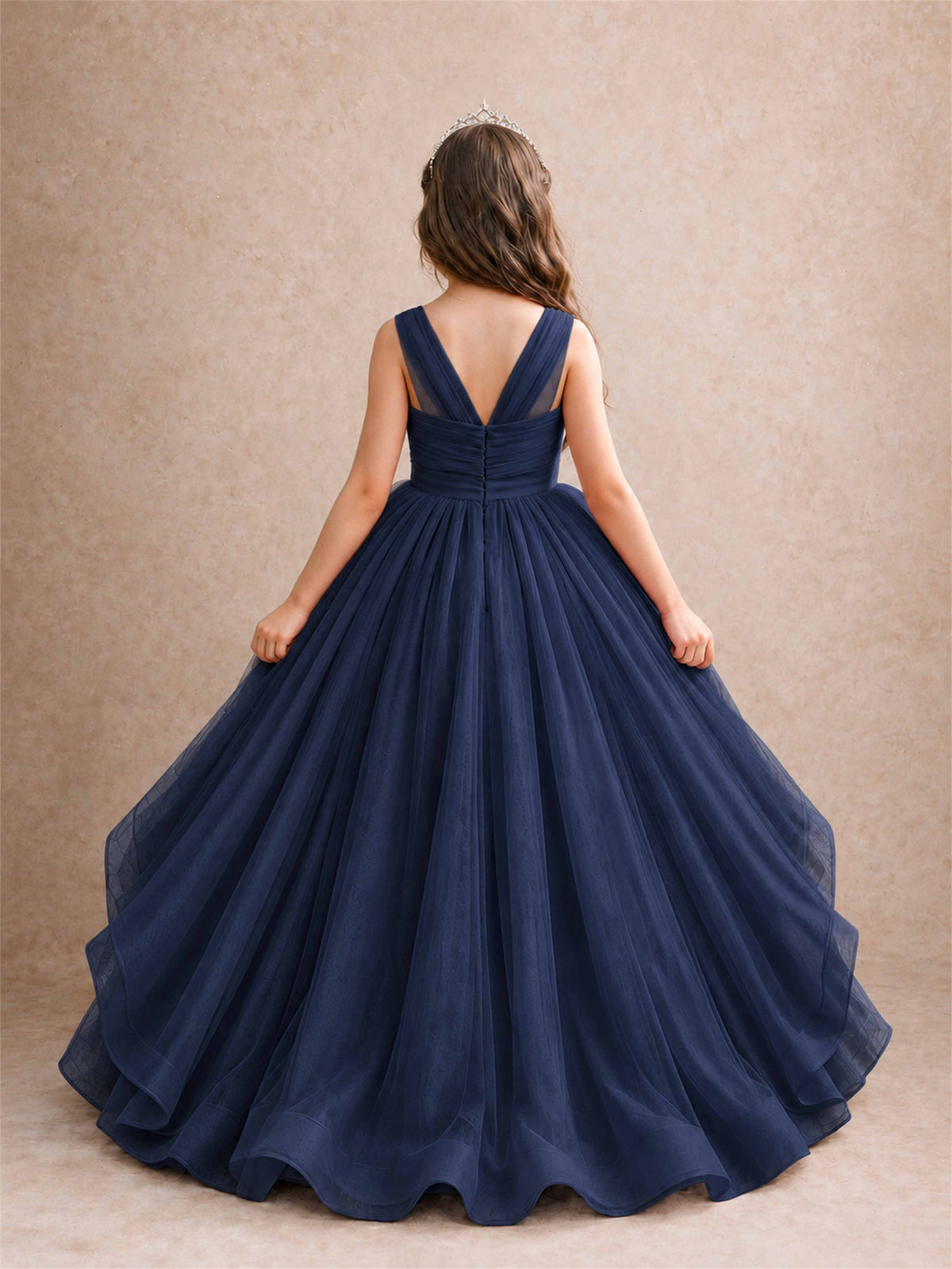 V Neck Girls Pageant Dress Ruffled Puffy Tulle Flower Girl Gown for Wedding Birthday Party
