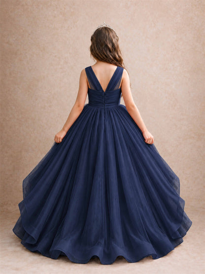 V Neck Girls Pageant Dress Ruffled Puffy Tulle Flower Girl Gown for Wedding Birthday Party