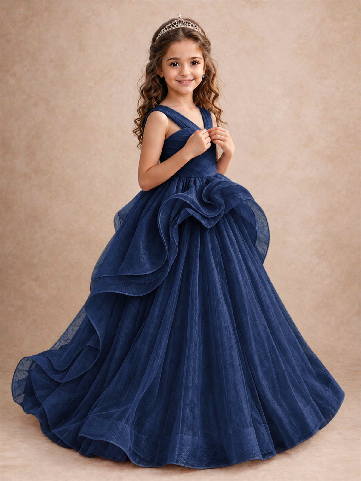 V Neck Girls Pageant Dress Ruffled Puffy Tulle Flower Girl Gown for Wedding Birthday Party