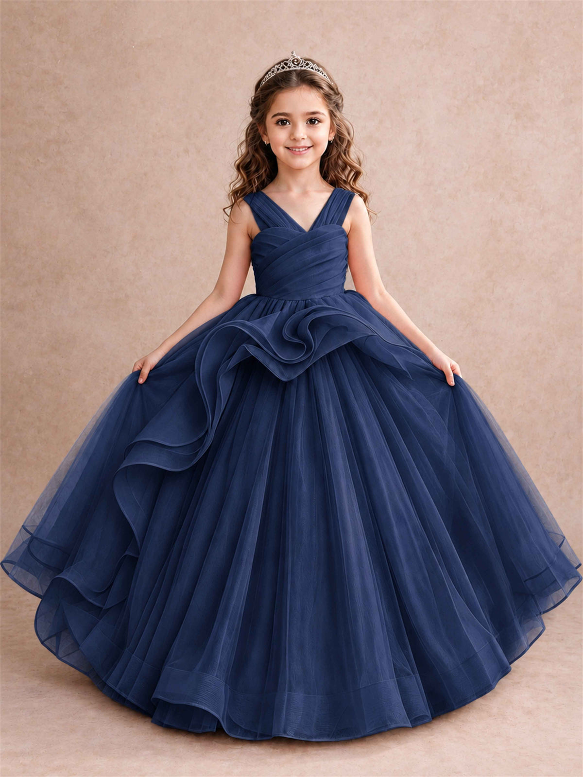 V Neck Girls Pageant Dress Ruffled Puffy Tulle Flower Girl Gown for Wedding Birthday Party