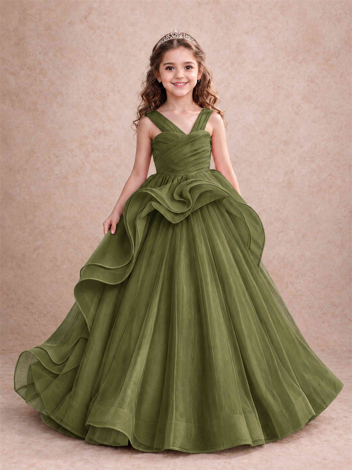 V Neck Girls Pageant Dress Ruffled Puffy Tulle Flower Girl Gown for Wedding Birthday Party