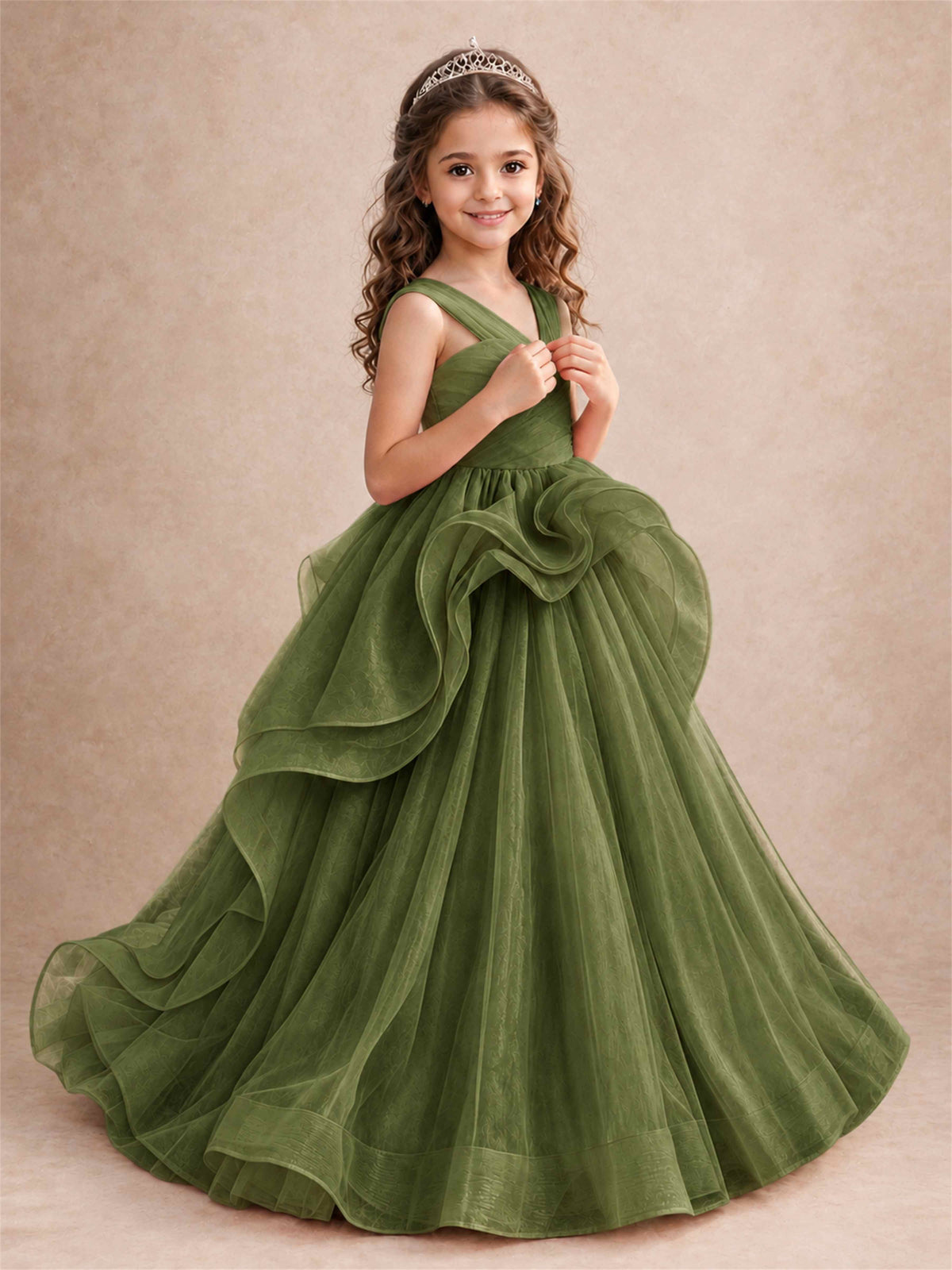 V Neck Girls Pageant Dress Ruffled Puffy Tulle Flower Girl Gown for Wedding Birthday Party