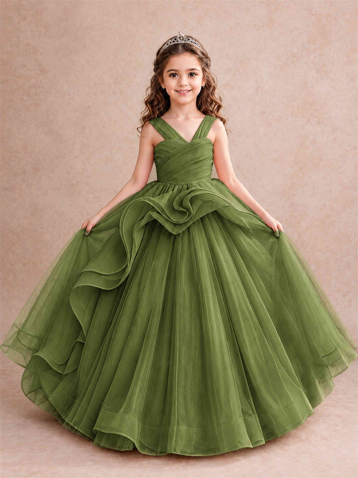 V Neck Girls Pageant Dress Ruffled Puffy Tulle Flower Girl Gown for Wedding Birthday Party