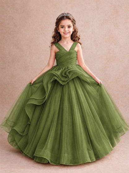 V Neck Girls Pageant Dress Ruffled Puffy Tulle Flower Girl Gown for Wedding Birthday Party