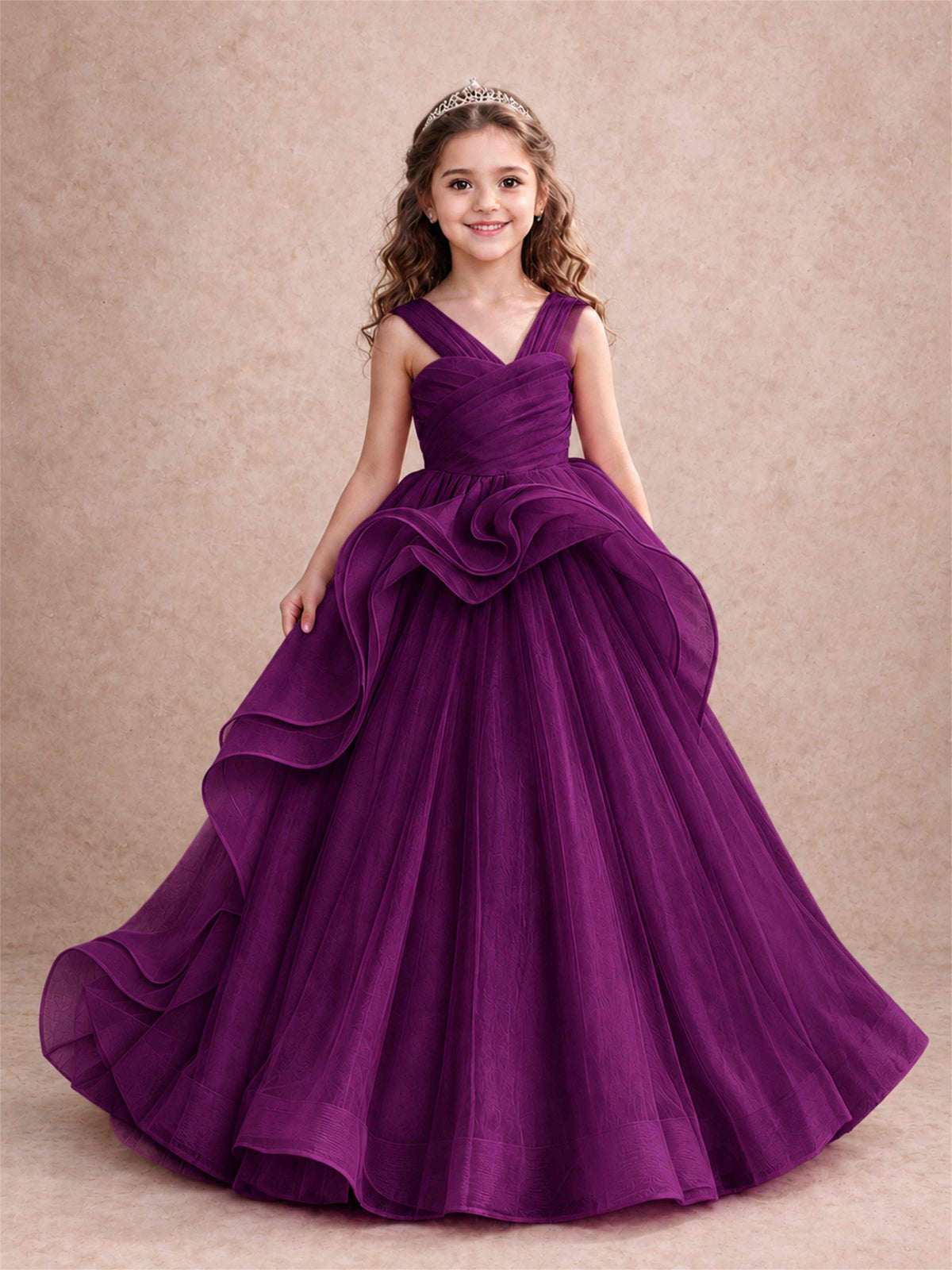 V Neck Girls Pageant Dress Ruffled Puffy Tulle Flower Girl Gown for Wedding Birthday Party