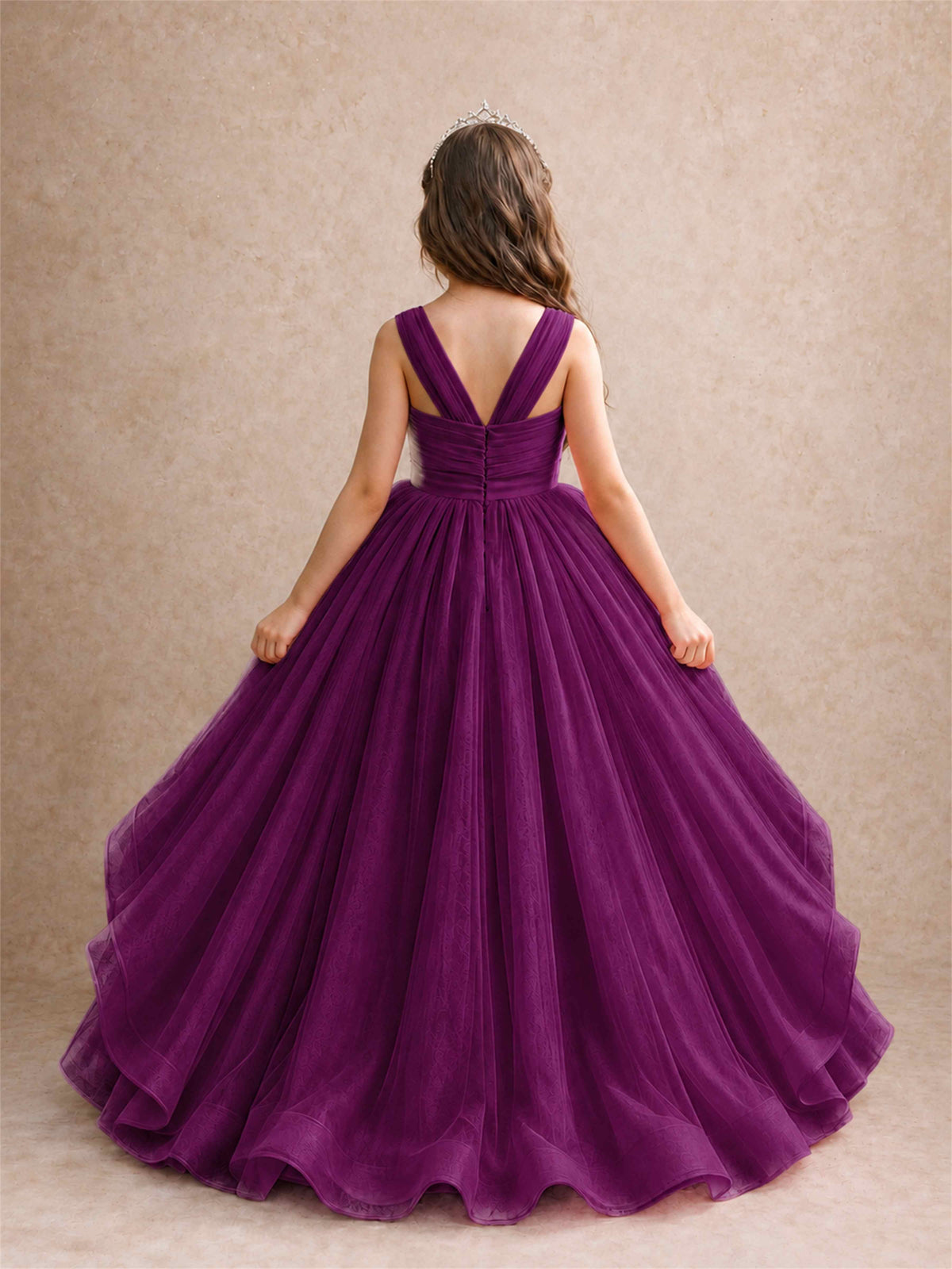 V Neck Girls Pageant Dress Ruffled Puffy Tulle Flower Girl Gown for Wedding Birthday Party